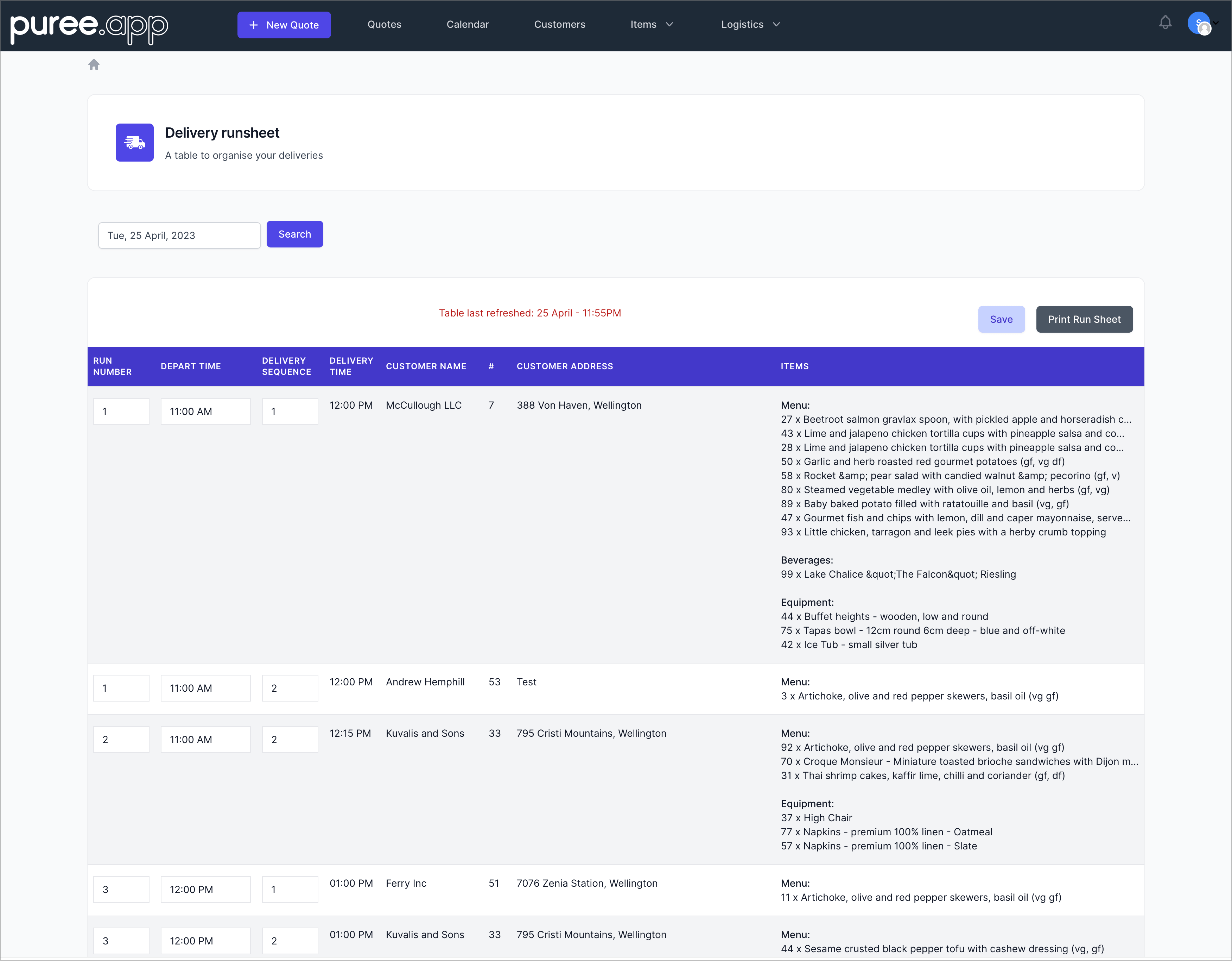 A Puree order with pricing and run sheet