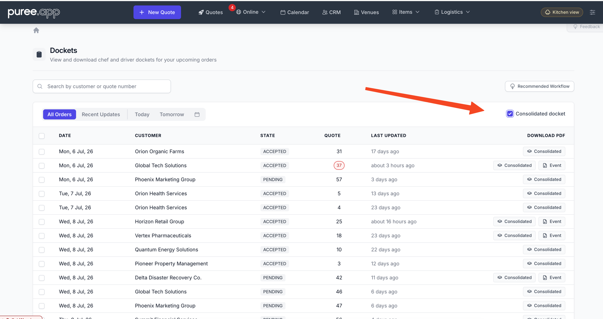 The Consolidated docket checkbox on the Dockets list switches every row to the Consolidated download button