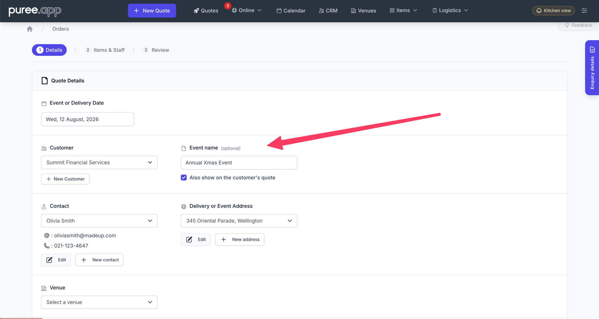 Step 1 of the quote form, with an arrow pointing to the optional Event name field sitting in the column beside the Customer dropdown. It contains 'Annual Xmas Event', and the 'Also show on the customer's quote' tick box below it is ticked.