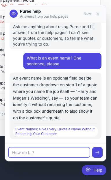 Puree help answering What is an event name, with a source link below the reply and the New button at the top of the panel.