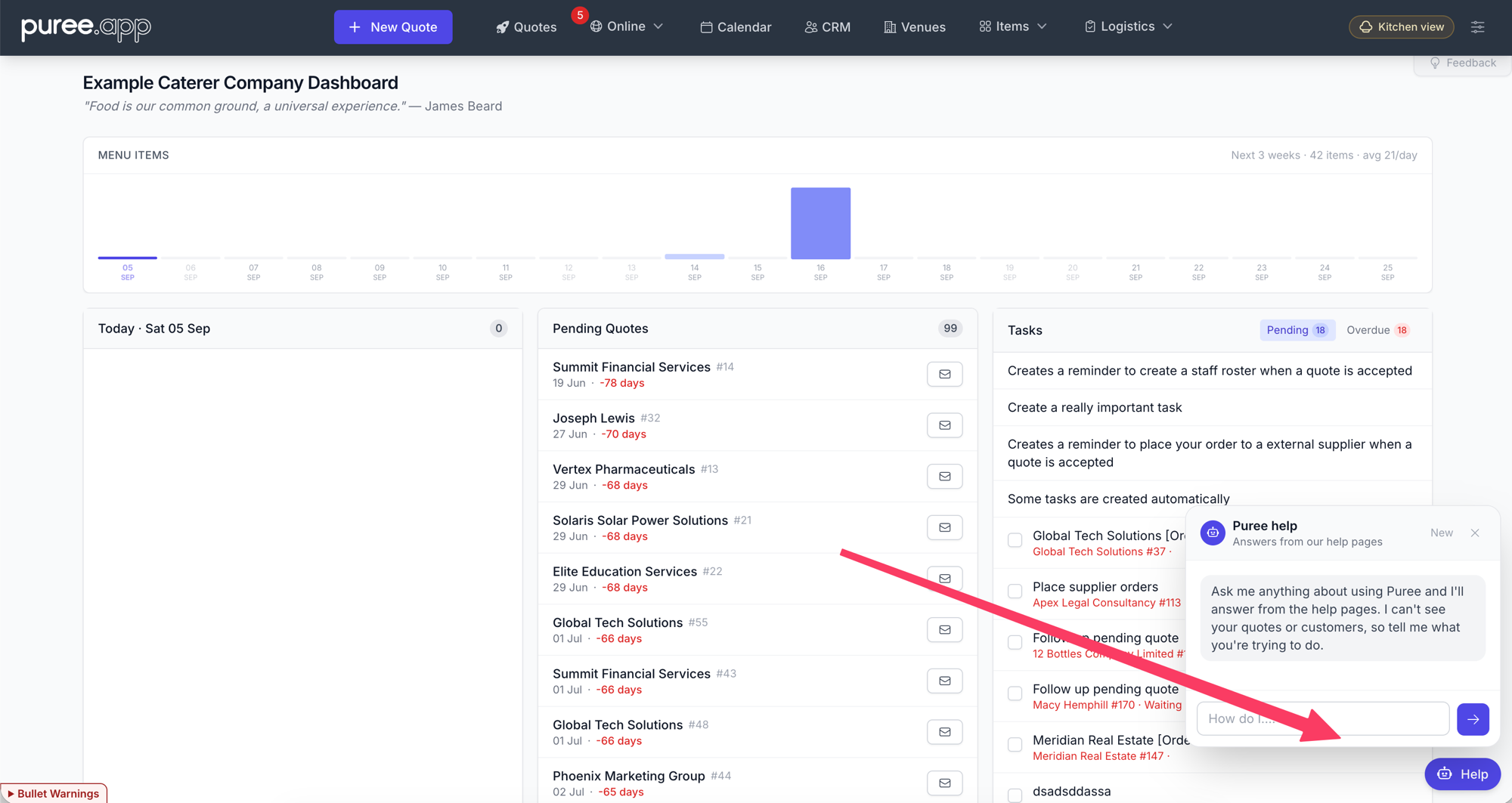 The Puree dashboard with the help assistant panel open in the bottom right corner. The panel is headed 'Puree help, answers from our help pages' and invites a question, with the small indigo Help button sitting below it.