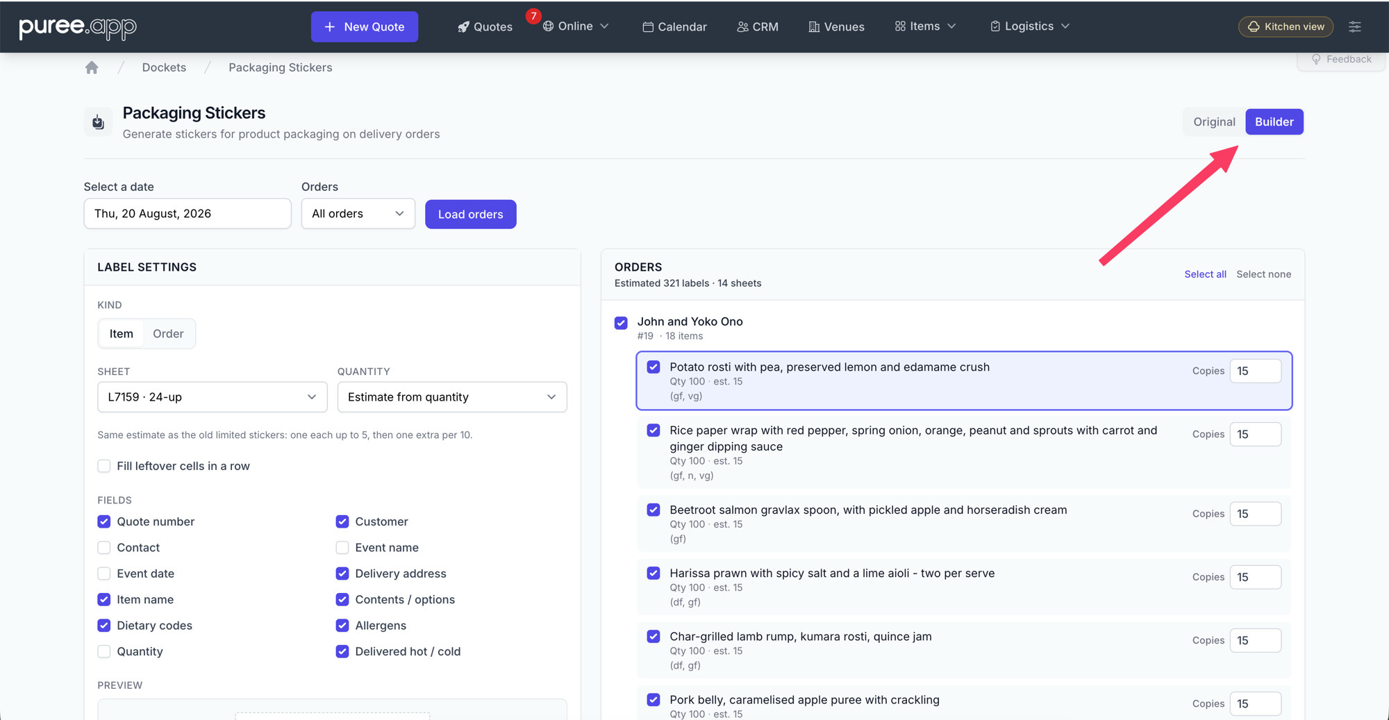 The Packaging Stickers page on the Builder tab. Label settings on the left choose kind, Avery sheet, quantity rule and fields; the right lists the day's orders with per-item copy counts. An arrow points to the Original and Builder tabs in the top right.