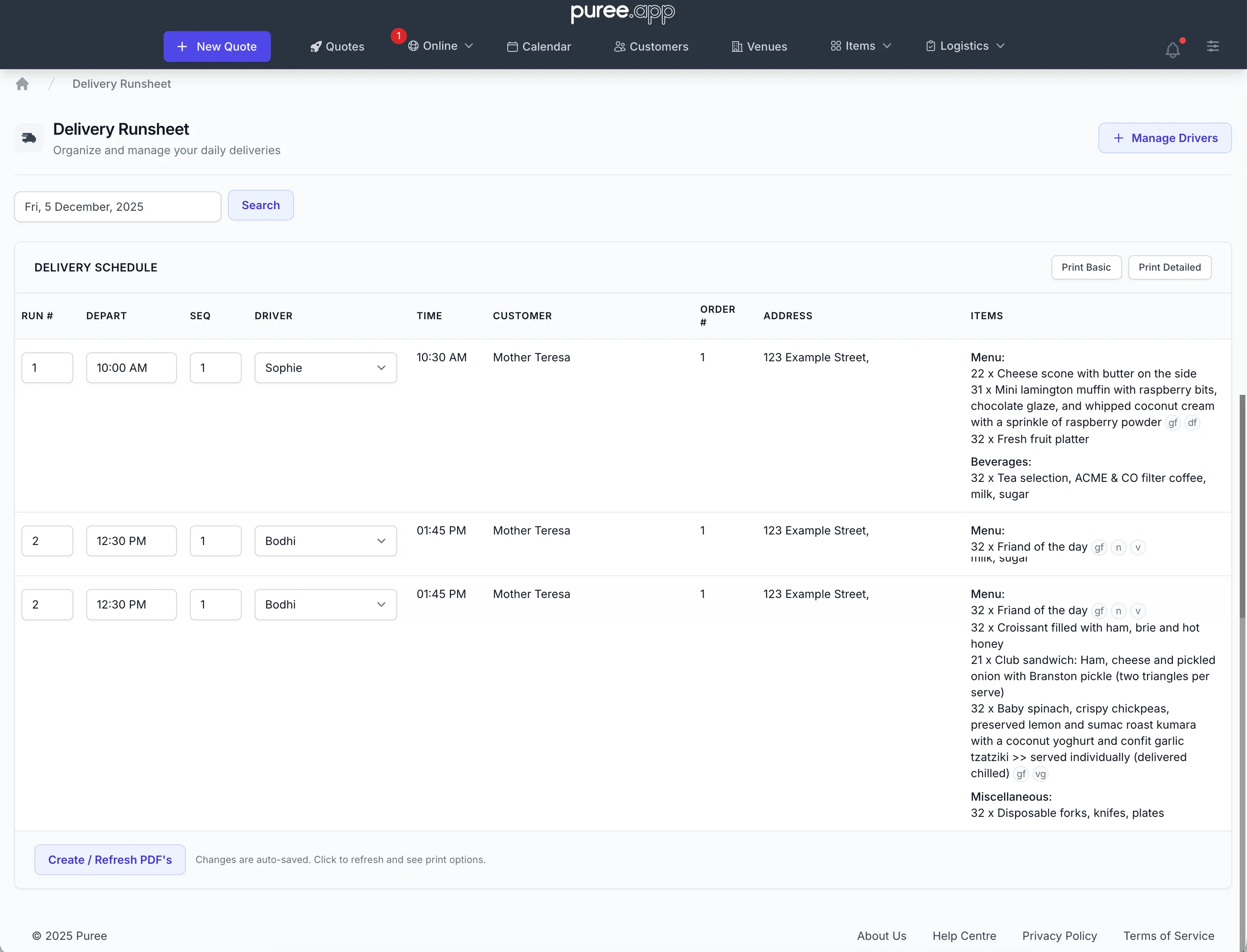 Delivery management screenshot