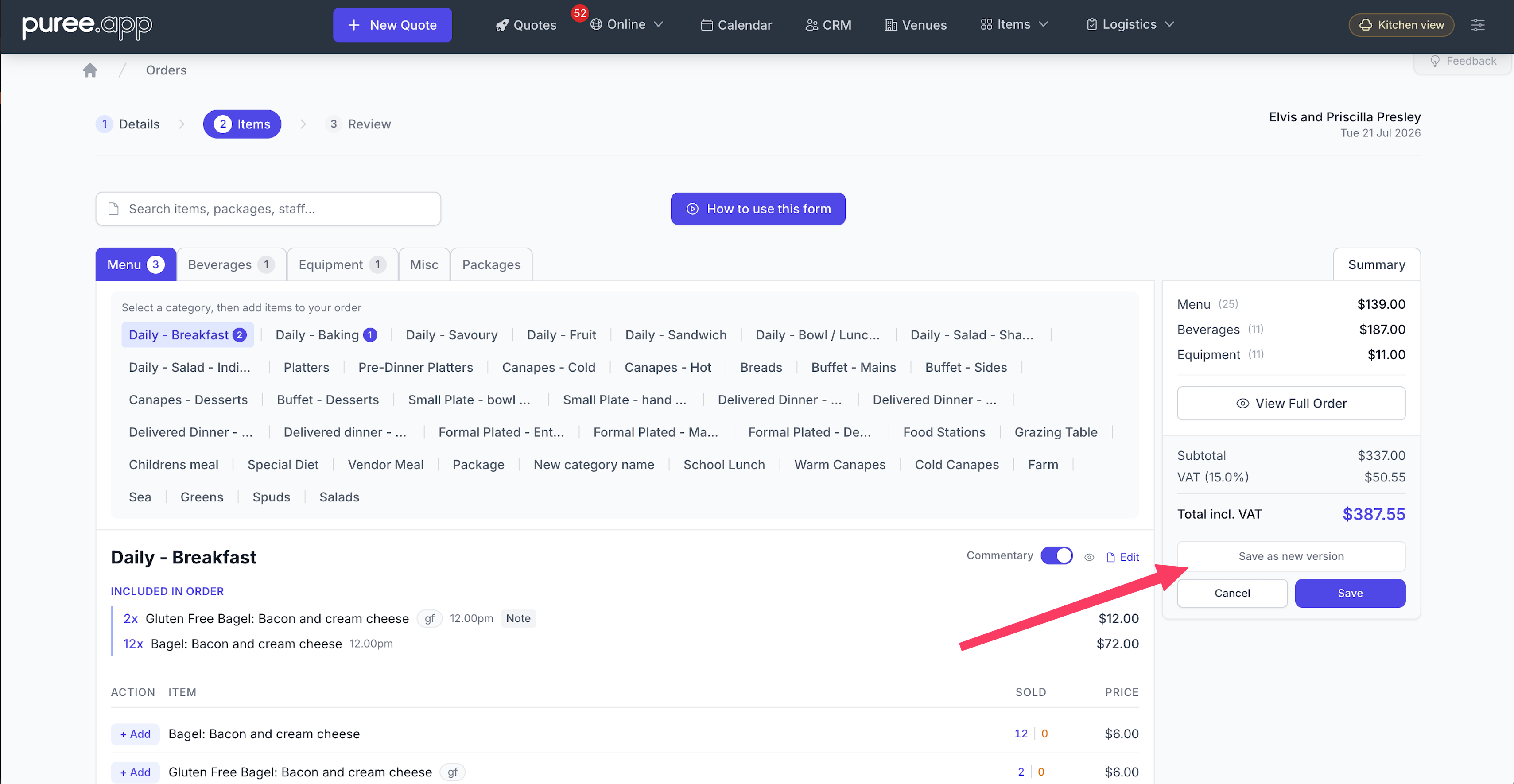The quote Items step with an arrow pointing to the Save as new version button, sitting just above the Save button in the Summary panel