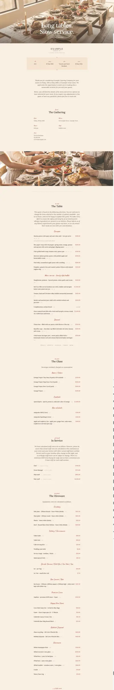 A Puree long-table catering quote