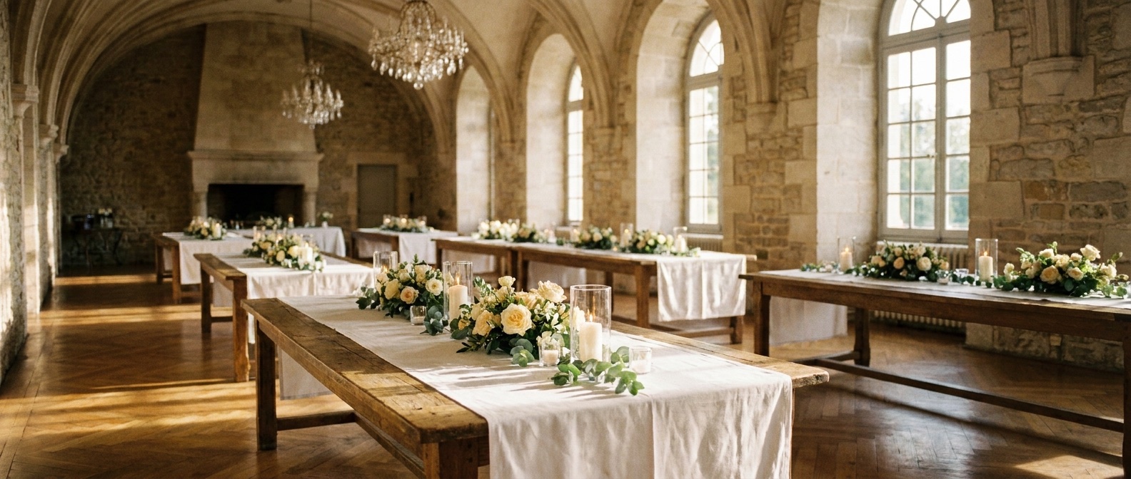 Estate banquet hall set for the reception