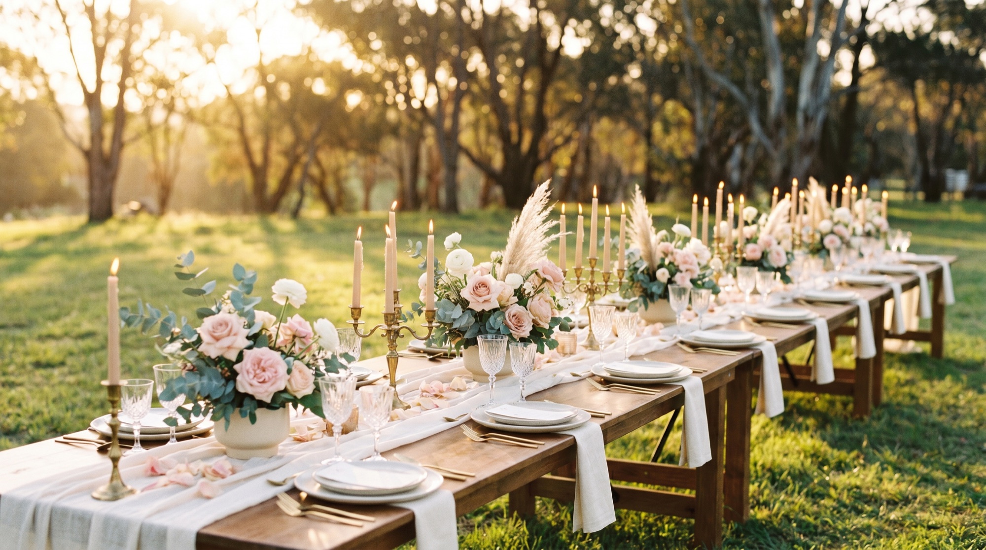 A wedding reception at golden hour
