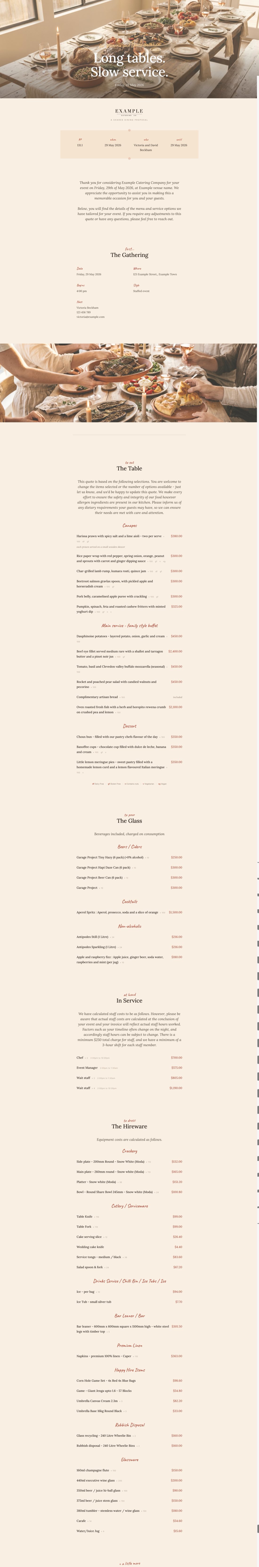 A Puree long-table catering quote